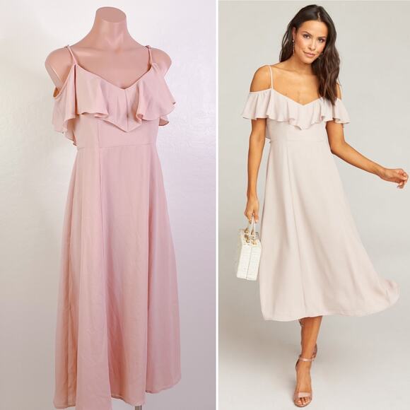 Show Me Your Mumu Camilla Ruffle Cold Shoulder Midi Dress Dusty Blush Pink S NWT - Picture 1 of 12